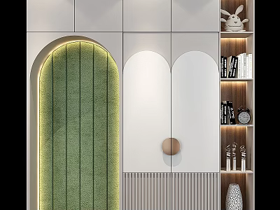 Modern Wardrobe with Green Vertical Panel White Curved Doors Built in Shelves and Ambient Lighting 3d model