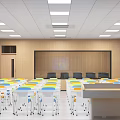 School Classroom With Large Screen Wooden Walls Windows Colorful Chairs And Ceiling Lighting