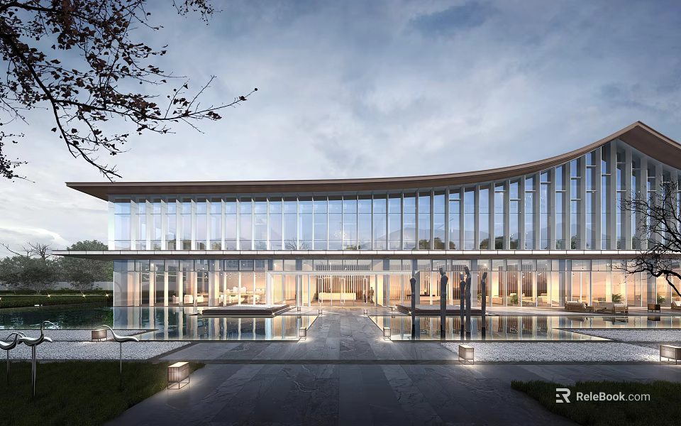 Modern Sales Center Building With Glass Curtain Wall And Front Pool Area Design 3d model 