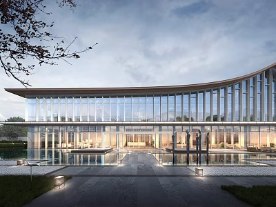 Modern Sales Center Building With Glass Curtain Wall And Front Pool Area Design 3d model