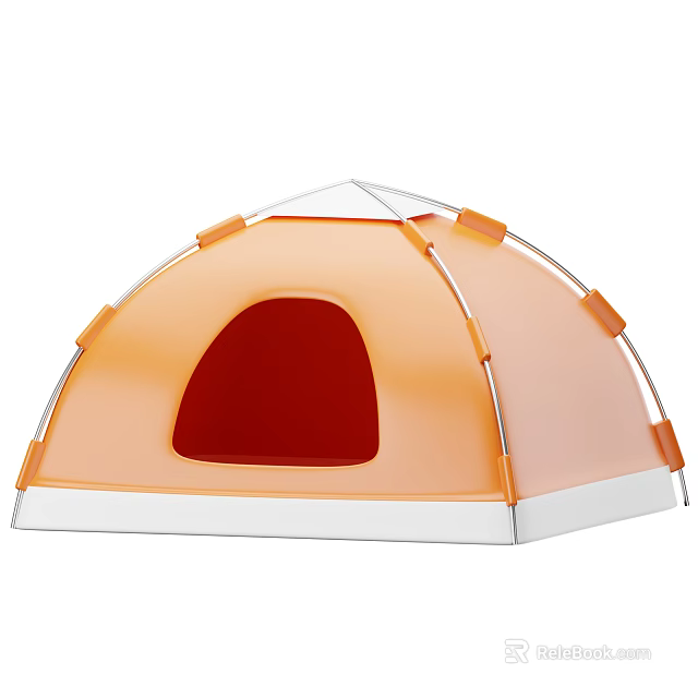 Orange Camping Tent With Red Window White Base And Support Poles 3d model