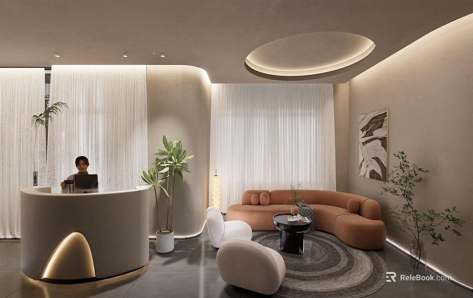 SPA Sauna Reception Area With Modern Design Soft Lighting Plants And Comfortable Sofa 3d model 