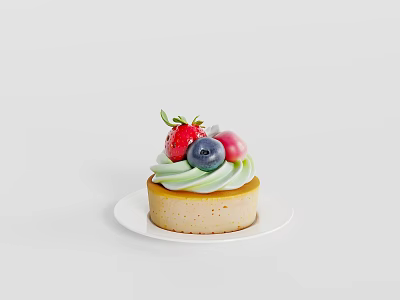 Delicious Cupcake Decorated With Green Frosting Fresh Strawberry Blueberry And Red Berry On White Plate 3d model