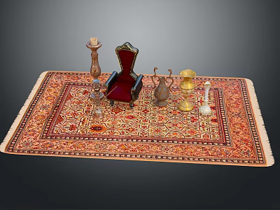 Traditional Patterned Red And Gold Rug With Small Chair Candle Holder And Decorative Vases 3d model