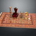 Traditional Patterned Red And Gold Rug With Small Chair Candle Holder And Decorative Vases