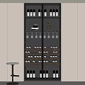 Modern Wine Cabinet Interior With Hanging Wine Glasses Decorative Sculpture And Bottles