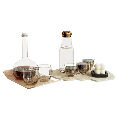 Elegant Wine Bottle and Glasses Arrangement with Water Bottle and Decorative Balls on Tray 3d model