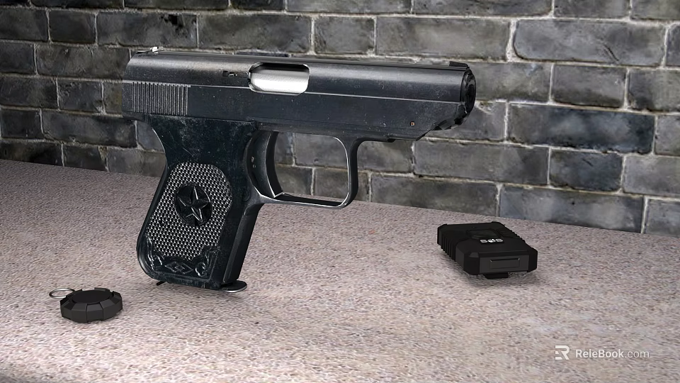 Black Handgun With Magazine On Countertop Against Brick Wall Background 3d model 