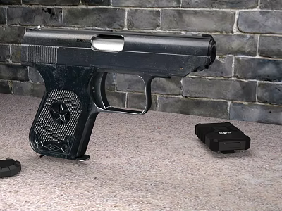 Black Handgun With Magazine On Countertop Against Brick Wall Background 3d model