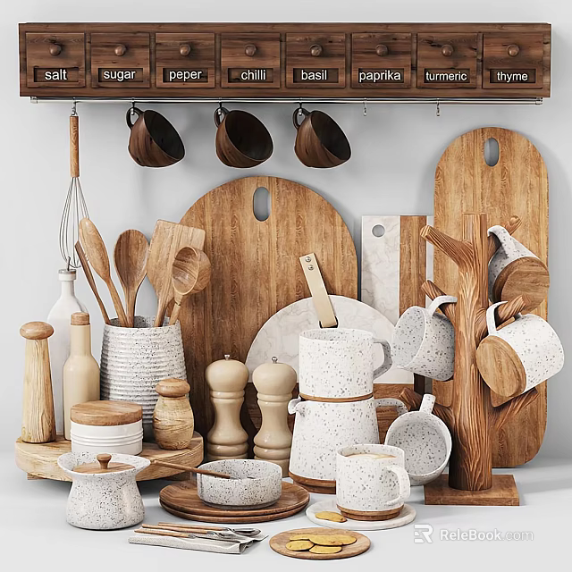 Stylish Kitchen Utensils Collection With Wooden Cutting Boards Ceramic Mugs And Spice Jars 3d model 