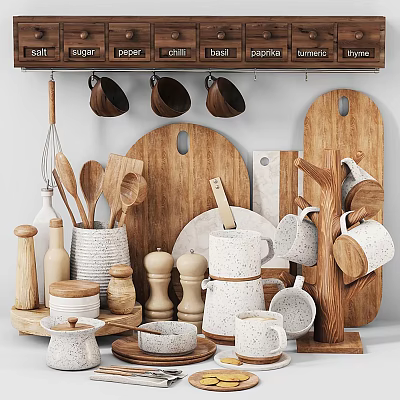 Stylish Kitchen Utensils Collection With Wooden Cutting Boards Ceramic Mugs And Spice Jars 3d model