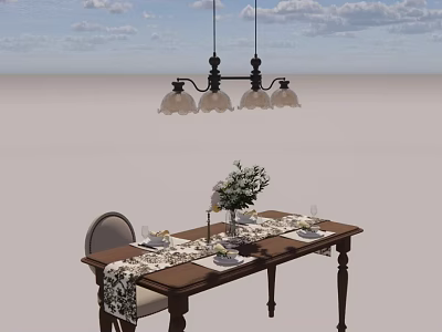Cozy Wooden Dining Table And Chairs Set With Table Runner Flower Vase And Chandelier 3d model