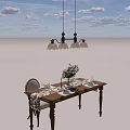 Cozy Wooden Dining Table And Chairs Set With Table Runner Flower Vase And Chandelier