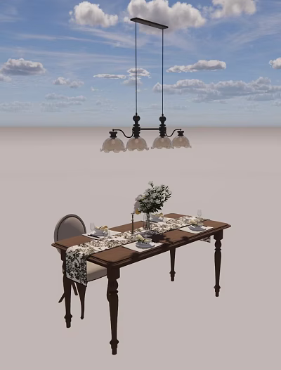 Cozy Wooden Dining Table And Chairs Set With Table Runner Flower Vase And Chandelier 3d model