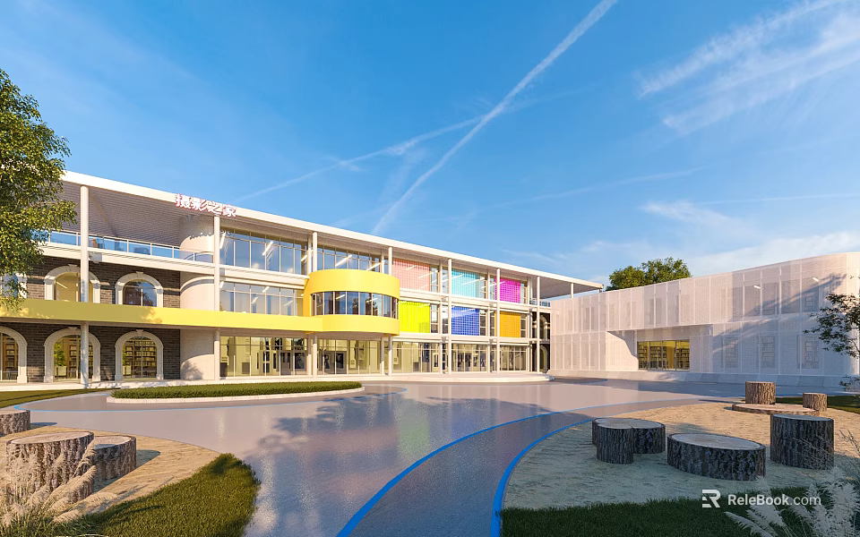 Modern Colorful School Building With Large Glass Windows And Spacious Courtyard 3d model 