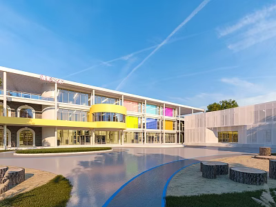 Modern Colorful School Building With Large Glass Windows And Spacious Courtyard 3d model