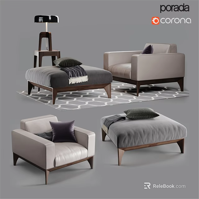 Modern Comfortable Lounge Chair With Leather Upholstery Wooden Legs Ottoman And Pillows 3d model 