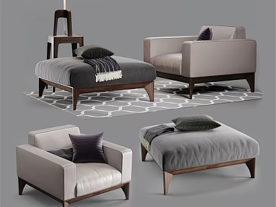Modern Comfortable Lounge Chair With Leather Upholstery Wooden Legs Ottoman And Pillows 3d model