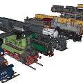 Vintage Steam Train Models With Gray Yellow Green Chimney Wheels And Body Structure