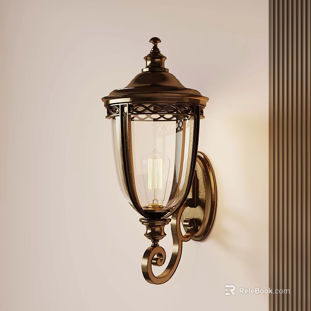 Vintage Brass Wall Lamp with Glass Shade Mounted on White Wall and Vertical Striped Decoration 3d model 