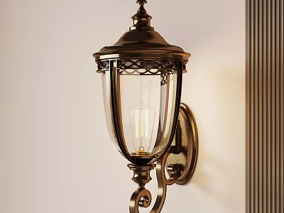 Vintage Brass Wall Lamp with Glass Shade Mounted on White Wall and Vertical Striped Decoration 3d model