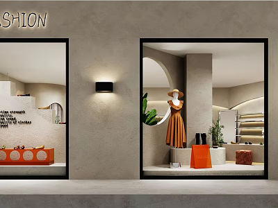 Modern Fashion Store Window Display With Orange Dress Mannequin Green Plants And Comfort Style 3d model