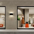 Modern Fashion Store Window Display With Orange Dress Mannequin Green Plants And Comfort Style