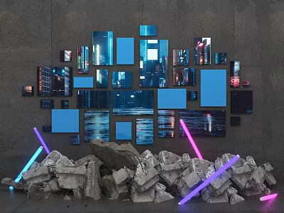 Crushed Stones With Neon Lights And Multiple City Screens On Gray Wall Installation 3d model
