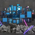 Crushed Stones With Neon Lights And Multiple City Screens On Gray Wall Installation