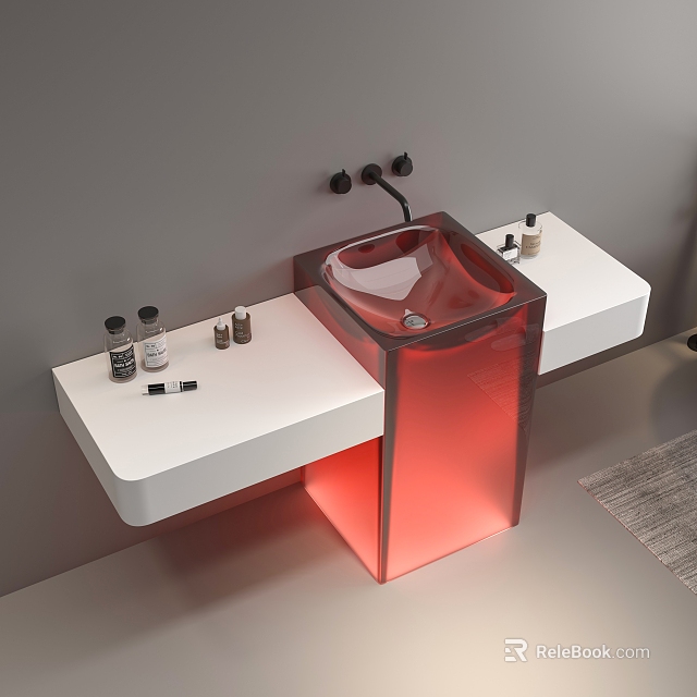 Modern Red Transparent Washbasin with White Countertop Black Faucet and Toiletries 3d model 