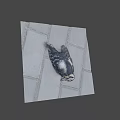 Black and white bird with red head lying on gray tiled ground 3d model