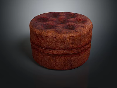 Round Brown Leather Tufted Ottoman With Classic Design For Living Room Decor 3d model