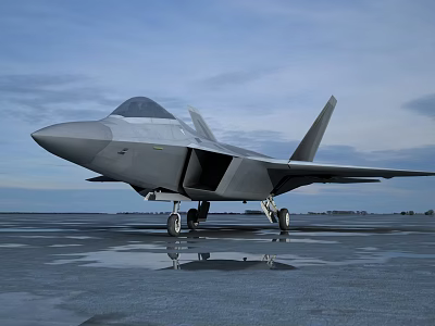 Modern Fighter Jet Displaying Sleek Design Parked On Shiny Tarmac Under Cloudy Sky 3d model