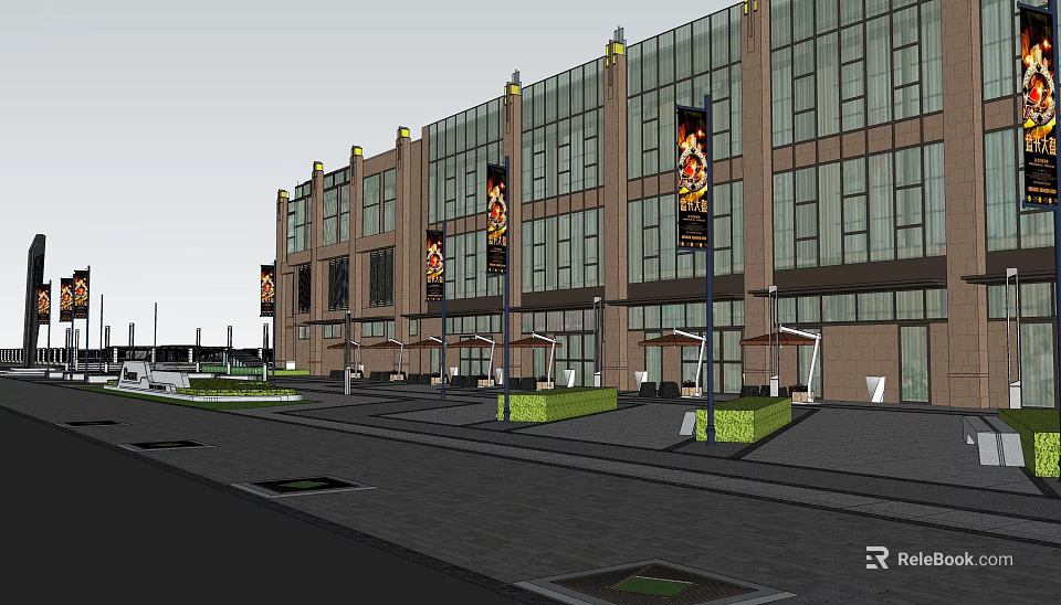 Modern Commercial Building Garden Landscape With Plaza Greenery Lamp Posts And Umbrellas 3d model 
