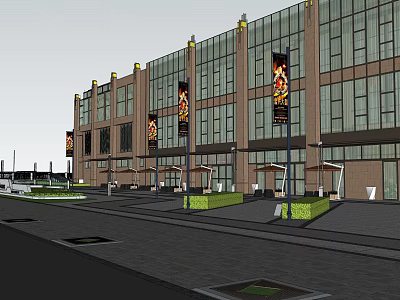 Modern Commercial Building Garden Landscape With Plaza Greenery Lamp Posts And Umbrellas 3d model
