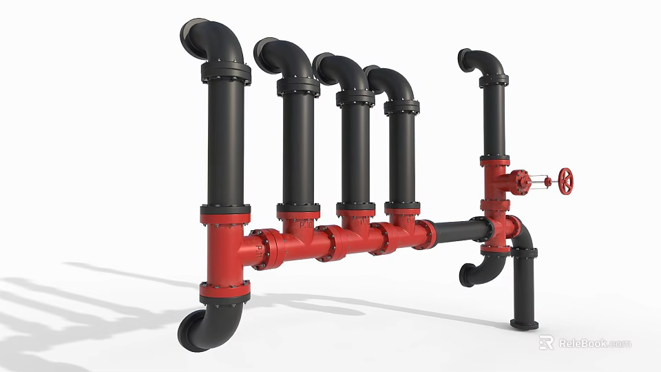 Industrial Equipment Pipeline System With Red Black Metal Pipes And Control Valves 3d model 