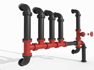 Industrial Equipment Pipeline System With Red Black Metal Pipes And Control Valves 3d model