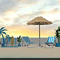 Beachside Relaxation Setup With Palm Trees Straw Umbrella Yellow Ice Cream Decoration And Deck Chairs