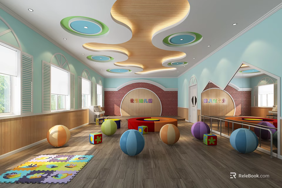 Colorful Kindergarten Interior With Colorful Balls Building Blocks Puzzle Mats And Wooden Ceiling 3d model 