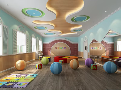 Colorful Kindergarten Interior With Colorful Balls Building Blocks Puzzle Mats And Wooden Ceiling 3d model