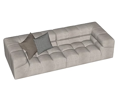 Light Gray Sectional Sofa With Tufted Design And Brown Checkered Accent Pillows 3d model