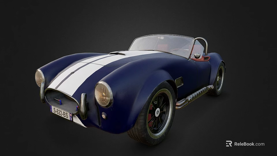 Blue Classic Convertible Sports Car With White Racing Stripes And Retro Design 3d model 