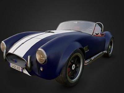 Blue Classic Convertible Sports Car With White Racing Stripes And Retro Design 3d model
