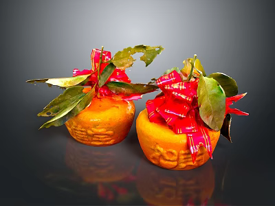 Textured Decorated Oranges With Red Ribbons Green Leaves And Chilies On Black Background 3d model