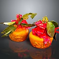 Textured Decorated Oranges With Red Ribbons Green Leaves And Chilies On Black Background
