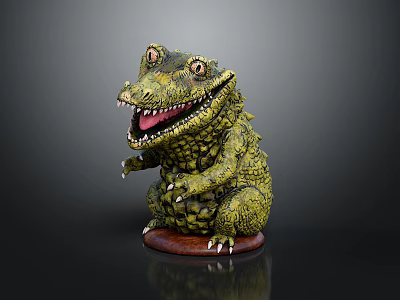 Playful Green Crocodile Figurine With Open Mouth Sharp Teeth And Wooden Base 3d model