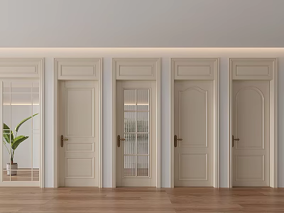 Cream Colored Hinged Doors Simple Modern With Glass Panel And Green Plant On Wooden Floor 3d model