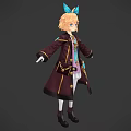 Game Movie Character With Blonde Hair Blue Bow Dark Coat White Stockings And Black Boots