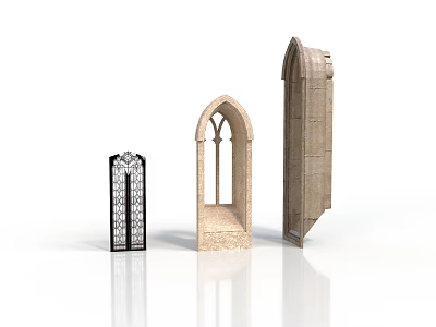 Three Different Gothic Arched Building Windows And Doorways With Stone Decorative Designs 3d model
