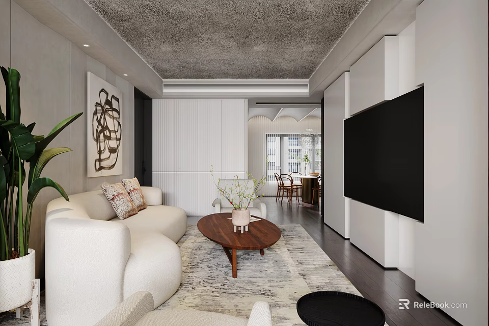 Modern Open Living Dining Area With White Sofa Coffee Table Abstract Painting And Potted Plant 3d model 